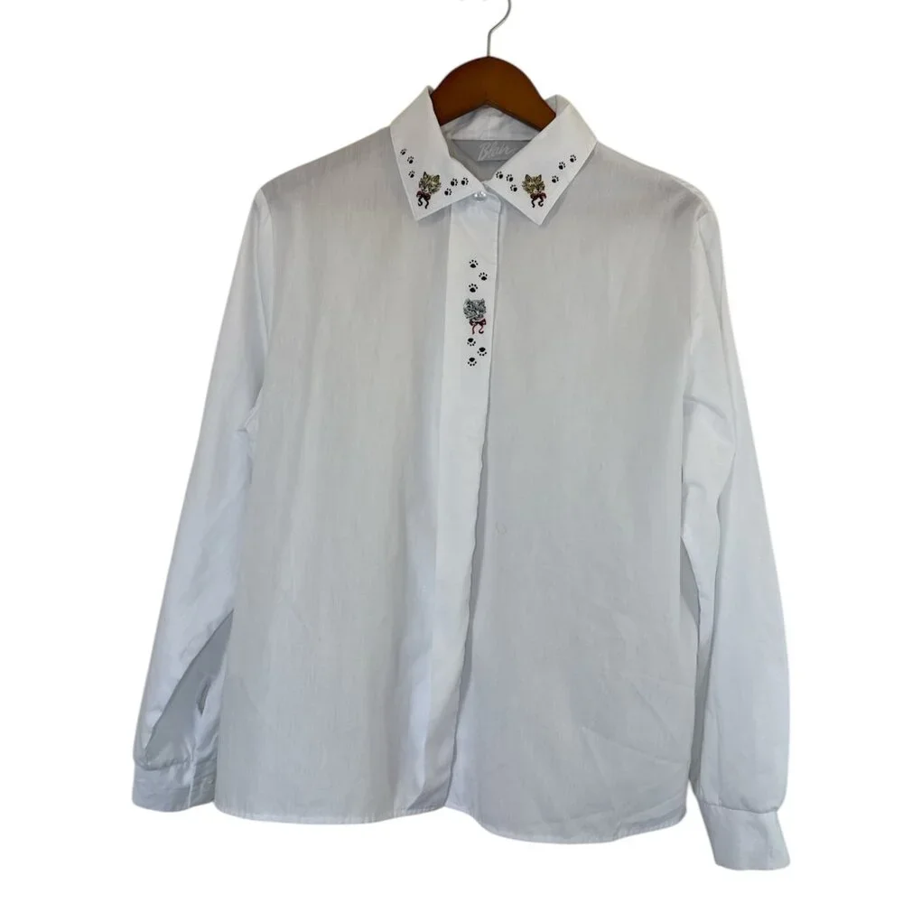 Blair Cat Print Fitted Boyfriend Shirt Woman’s Size Lg Black White Cats Cotton - Picture 2 of 12